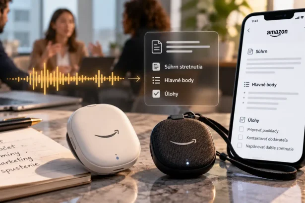 Osobné AI záznamníky Amazon Bee Frontier a Bee Eclipse na pracovnom stole vedľa smartfónu, ktorý zobrazuje automaticky vytvorené súhrny stretnutí, hlavné body a úlohy.