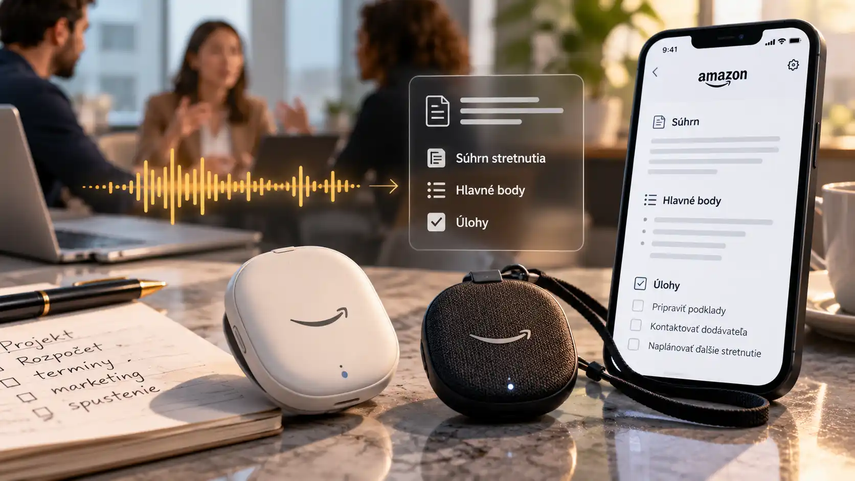 Osobné AI záznamníky Amazon Bee Frontier a Bee Eclipse na pracovnom stole vedľa smartfónu, ktorý zobrazuje automaticky vytvorené súhrny stretnutí, hlavné body a úlohy.