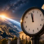 Analógové hodiny na pozadí observatória a planéty Zem symbolizujú ukončenie pridávania prestupných sekúnd do koordinovaného svetového času UTC.