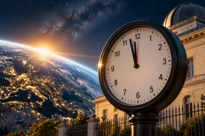 Analógové hodiny na pozadí observatória a planéty Zem symbolizujú ukončenie pridávania prestupných sekúnd do koordinovaného svetového času UTC.