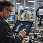 Päťdesiatročný technik so sivou bradou a ochrannými okuliarmi nastavuje priemyselné robotické rameno pomocou tabletu v modernej automatizovanej továrni.