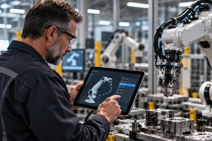 Päťdesiatročný technik so sivou bradou a ochrannými okuliarmi nastavuje priemyselné robotické rameno pomocou tabletu v modernej automatizovanej továrni.
