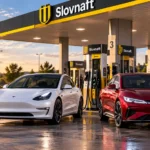 Tesla a červený elektromobil BYD na čerpacej stanici Slovnaft s viditeľným cenníkom pohonných hmôt v pozadí.
