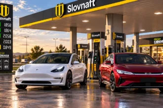 Tesla a červený elektromobil BYD na čerpacej stanici Slovnaft s viditeľným cenníkom pohonných hmôt v pozadí.