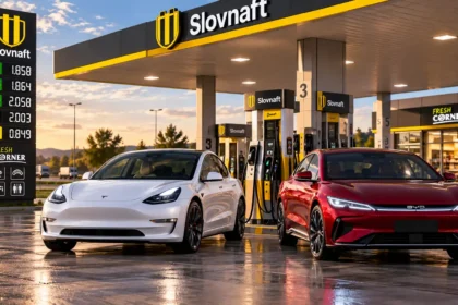 Tesla a červený elektromobil BYD na čerpacej stanici Slovnaft s viditeľným cenníkom pohonných hmôt v pozadí.