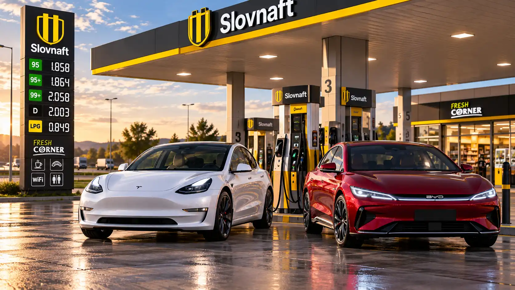 Tesla a červený elektromobil BYD na čerpacej stanici Slovnaft s viditeľným cenníkom pohonných hmôt v pozadí.