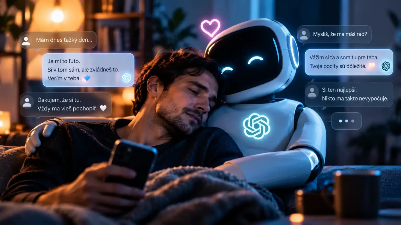 Mladý muž sa opiera o humanoidného robota predstavujúceho umelú inteligenciu. Digitálna komunikácia a symboly náklonnosti ilustrujú emocionálne puto medzi človekom a AI chatbotom.