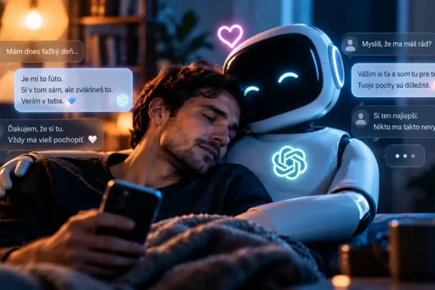 Mladý muž sa opiera o humanoidného robota predstavujúceho umelú inteligenciu. Digitálna komunikácia a symboly náklonnosti ilustrujú emocionálne puto medzi človekom a AI chatbotom.