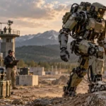 Obrnený humanoidný robot Alex počas technologického testu americkej armády s technikmi v pozadí.