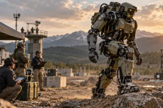 Obrnený humanoidný robot Alex počas technologického testu americkej armády s technikmi v pozadí.
