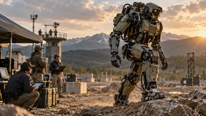 Obrnený humanoidný robot Alex počas technologického testu americkej armády s technikmi v pozadí.