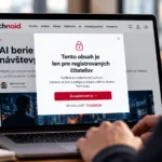 Notebook so zobrazeným webom Technoid a uzamknutým článkom, ktorý vyžaduje registráciu používateľa na získanie prístupu k obsahu.