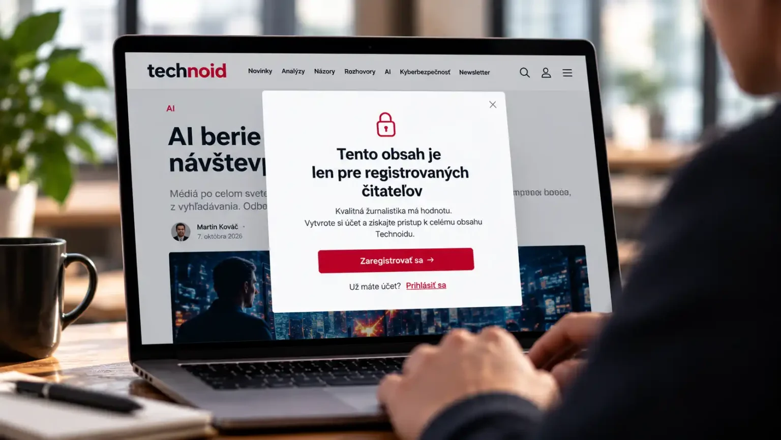 Notebook so zobrazeným webom Technoid a uzamknutým článkom, ktorý vyžaduje registráciu používateľa na získanie prístupu k obsahu.