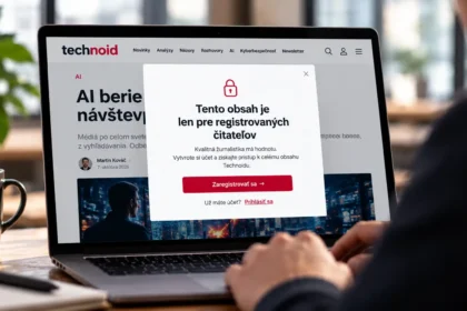 Notebook so zobrazeným webom Technoid a uzamknutým článkom, ktorý vyžaduje registráciu používateľa na získanie prístupu k obsahu.