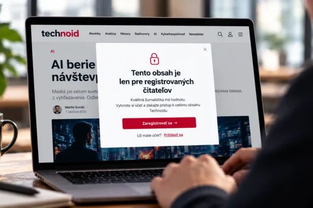 Notebook so zobrazeným webom Technoid a uzamknutým článkom, ktorý vyžaduje registráciu používateľa na získanie prístupu k obsahu.