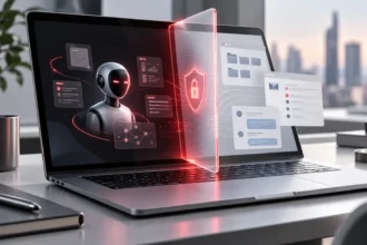 MacBook so symbolom bezpečnostného zámku znázorňujúci nové obmedzenia prístupu AI agentov k dátam v macOS.