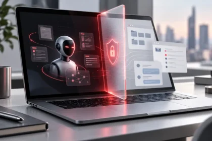 MacBook so symbolom bezpečnostného zámku znázorňujúci nové obmedzenia prístupu AI agentov k dátam v macOS.