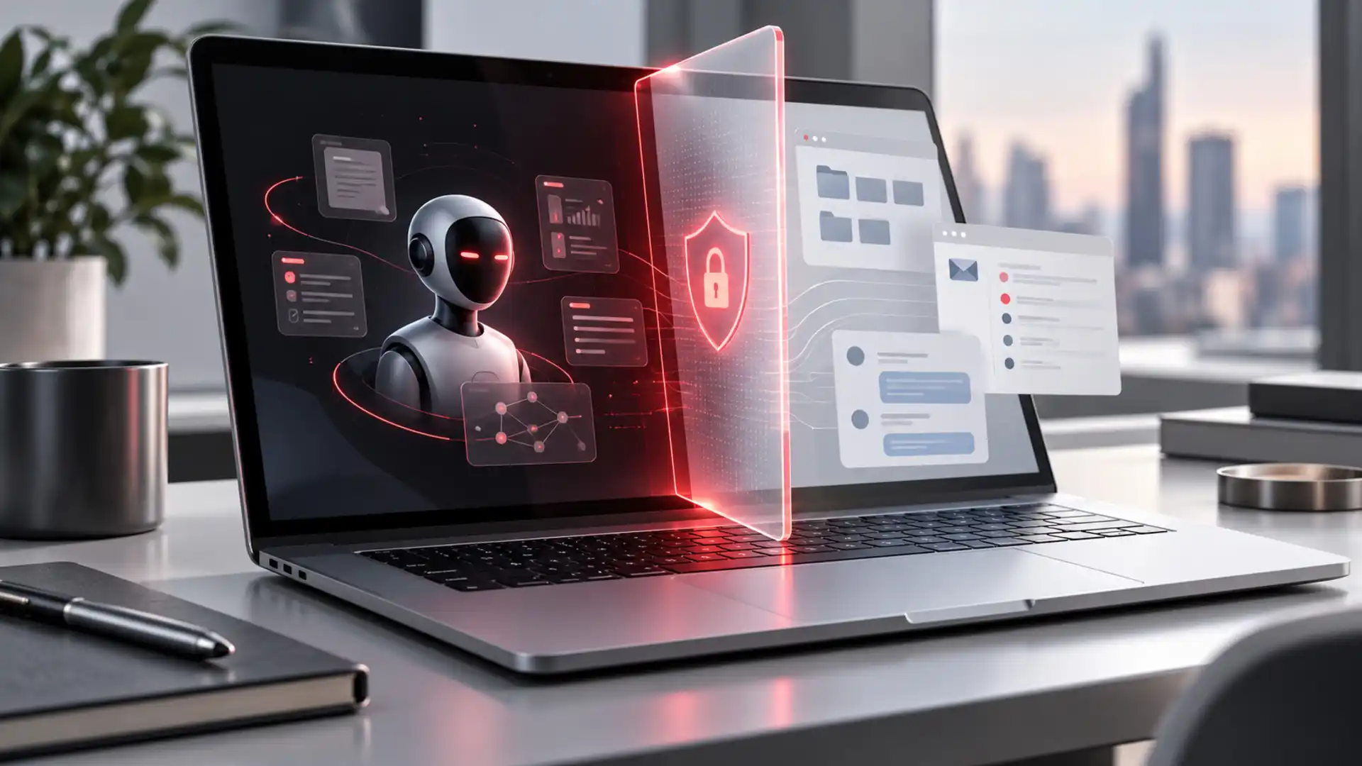 MacBook so symbolom bezpečnostného zámku znázorňujúci nové obmedzenia prístupu AI agentov k dátam v macOS.