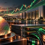 Dátové centrum, servery a čipy symbolizujúce rastúce investície do AI infraštruktúry a technologických spoločností.