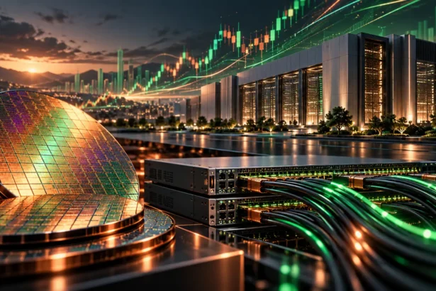 Dátové centrum, servery a čipy symbolizujúce rastúce investície do AI infraštruktúry a technologických spoločností.