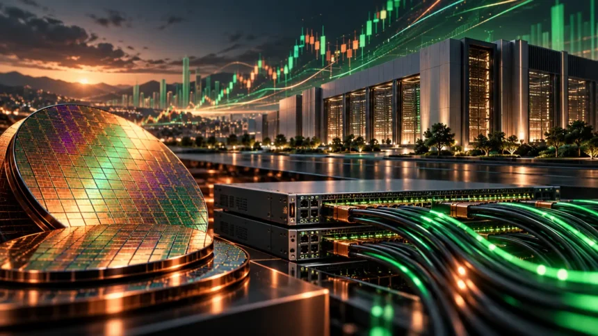 Dátové centrum, servery a čipy symbolizujúce rastúce investície do AI infraštruktúry a technologických spoločností.