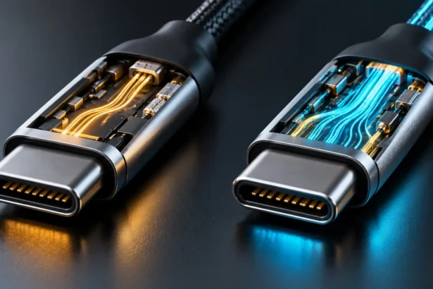 Dva identické USB-C porty znázorňujú rozdiel medzi bežným USB-C a vysokovýkonným pripojením Thunderbolt.