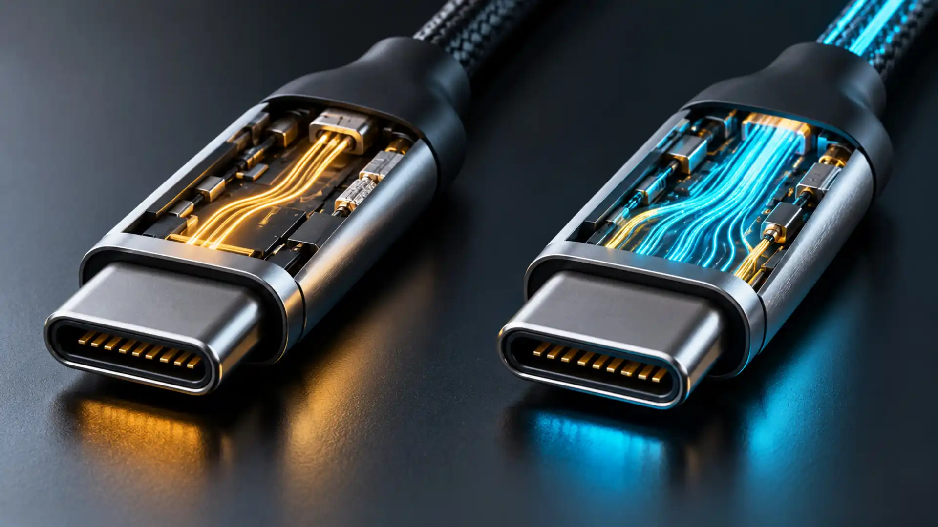 Dva identické USB-C porty znázorňujú rozdiel medzi bežným USB-C a vysokovýkonným pripojením Thunderbolt.